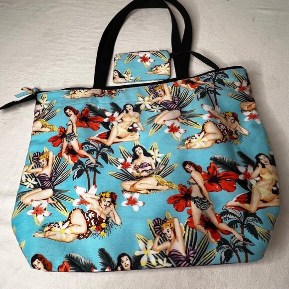 Vintage-Inspired Hawaiian Pin-Up Girl Print Tote Bag Zipper Pockets &  Pouch - Picture 12 of 15